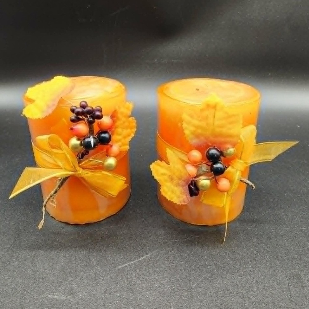 Pier 1 Autumn Leaves Orange Pillar Candle Set of 2 Fall Harvest Decor